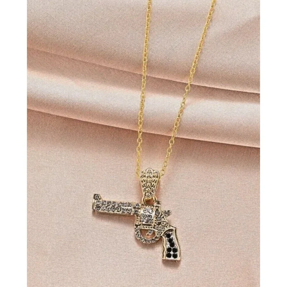 ICED Gold Pistol Hand Gun Clear & Black RHINESTONES on Gold Necklace